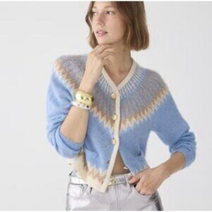 J.Crew Fair Isle Cardigan in Frosted Tundra Snow Brushed Yarn Sweater Medium